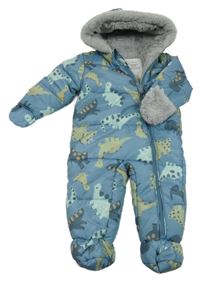 Modrá šusťáková zimní kombinéza s dinosaury a kapucí Nutmeg
