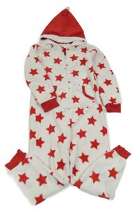 Bílo-červená chlupatá kombinéza s hvězdami a kapucí Y.F.K.