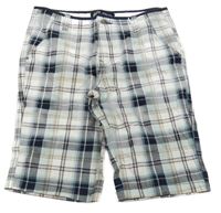 Bílo-béžovo-tmavomodré kostkované plátěné chino kraťasy 