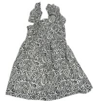 Bielo-čierno-strieborné bavlnené vzorované šaty s volány