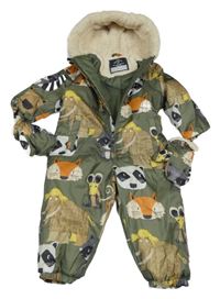 Khaki šusťáková zimní kombinéza se zvířátky a kapucí + rukavice George