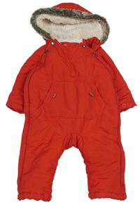 Červená šusťáková zimní kombinéza s kapucí s kožešinou Tu