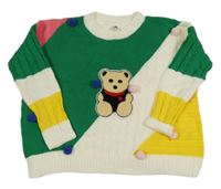 Zeleno-farebný oversize sveter s medvedíkom a bambulkami