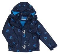 Tmavomodrá šusťáková jarní bunda s dinosaury a kapucí Pocopiano