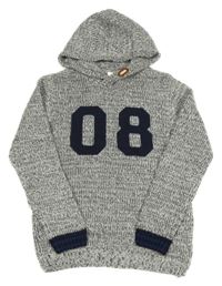 Tmavomodro-biely melírovaný sveter s číslom a kapucňou Rebel