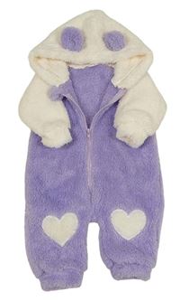Lila-smotanová chlpatá kombinéza so srdiečkami a kapucňou s uškami