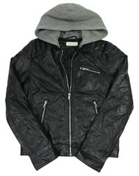 Čierna koženková bunda s kapucňou H&M