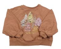 Skořicová oversized mikina se stromky a flitry Next 
