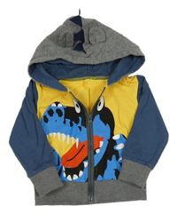 Žluto-petrolejová propínací mikina s dinosaurem a kapucí 