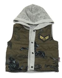 Hnědo-černá army šusťáková prošívaná zateplená vesta s kapucí 