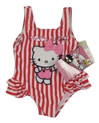 Nové - Červeno-bílé pruhované jednodílné plavky s Kitty Primark