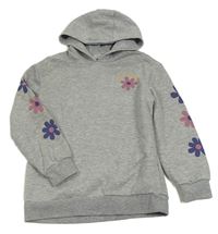 Sivá melírovaná mikina s kvetmi a nápismi a kapucňou PRIMARK
