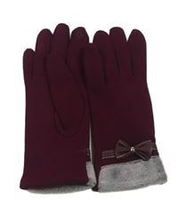 Tmavovínovo-šedé teplé prstové rukavice s koženkovou mašlou