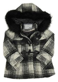 Šedo-bílo-černý kostkovaný vlněný podšitý kabát s kapucí s kožešinou Tu