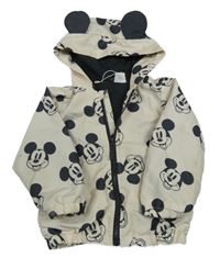Smetanová kostkovaná šusťáková jarní bunda s Mickey a kapucí Disney