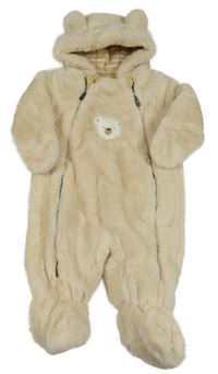 Nové - světlebéžová kožešinová zateplená kombinéza s medvídkem a kapucí s oušky C&A