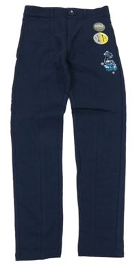 Nové - tmavomodré tregínové nohavice s pávem s flitrami Kids