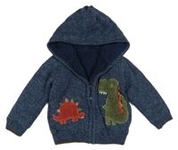 Tmavomodro-modrý melírovaný pletený propínací zateplený svetr s dinosaury a kapucí Nutmeg