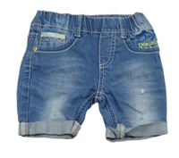 Modré rifľové kraťasy s nápismi a vyšúchaním