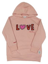 Světlerůžová mikina s nápisem a srdíčkem a kapsou a kapucí Keith Haring