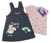 Nové - 2Set - Tmavomodré melírované teplákové šaty s Peppa Pig + světlerůžové tričko Character
