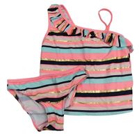 Neonově růžovo-černo-zlaté pruhované tankini s volánem Primark
