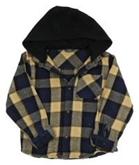 Béžovo-tmavomodro-černá kostkovaná košilová bunda s teplákovou kapucí Primark
