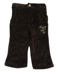 Tmavohnedé zamatové nohavice so srdiečkami