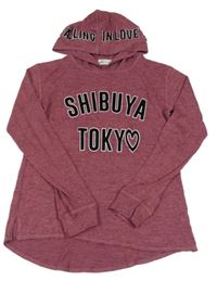 Vínová melírovaná úpletová mikina s nápisom a kapucňou H&M