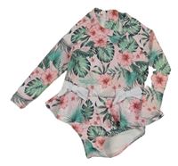 Růžové květované jednodílné UV plavky s volánem a listy Shein