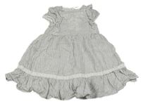 Sivo-biele pruhované trblietavé plátenné šaty s výšivkou a volániky s madeirou Topolino