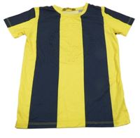 Hořčicovo-tmavomodré pruhované tričko s 3D obrázkom