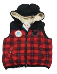 Nové - červeno-čierna tepláková kockovaná zateplená vesta s Mickeym a kapucňou Disney