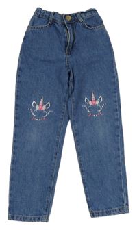 Modré rifle s výšivkami jednorožců