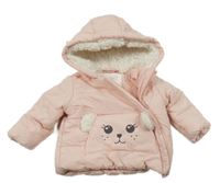 Světlerůžová šusťáková zateplená bunda s medvědem a kapucí 