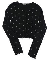 Černé žebrované crop květované triko H&M