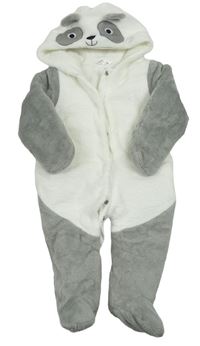 Bielo-sivá chlpatá zateplená kombinéza s kapucí - panda M&Co.