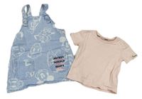 2set - Svetlomodré rifľové na traké šaty s Minnie a přáteli + ružové tričko zn. Primark