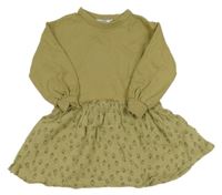 Khaki teplákové šaty s mušelínovou sukní a jahodami