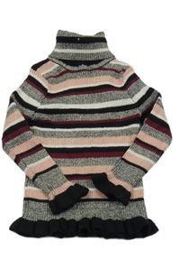 Čierno-bielo-ružovo-vínový trblietavý pruhovaný rebrovaný svetrový rolák Primark