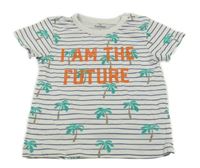 Bielo-tmavomodré pruhované tričko s palmami a nápisom Topomini