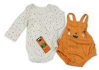 Nové - 2set - Bílo-oranžové puntíkaté body + oranžové úpletové laclové kraťasy s obličejem George