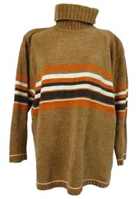 Dámský hnědý žinylkový svetr s pruhy a rolákem 