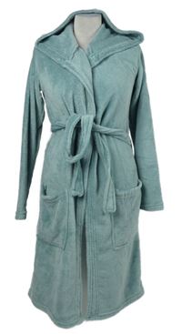 Dámsky svetlomodrý chlpatý župan s kapucňou a opaskom