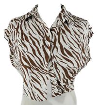 Dámská hnědo-bílá vzorovaná lněná crop halenka Bershka 