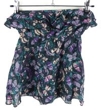 Dámský černo-fialovo-zelený top bez ramínek s volánikmi H&M
