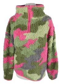 Dámská zeleno-růžová army chlupatá mikina OHS 