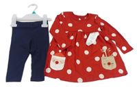 Nové- 2set- červené puntíkaté bavlněné šaty s obrázky+ legíny F&F