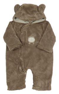 Hnědá chlupatá podšitá kombinéza s ovečkou a kapucí 