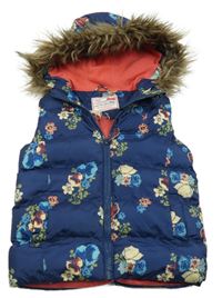 Tmavomodrá šusťáková zateplená vesta s kytičkami a kapucí Yd.